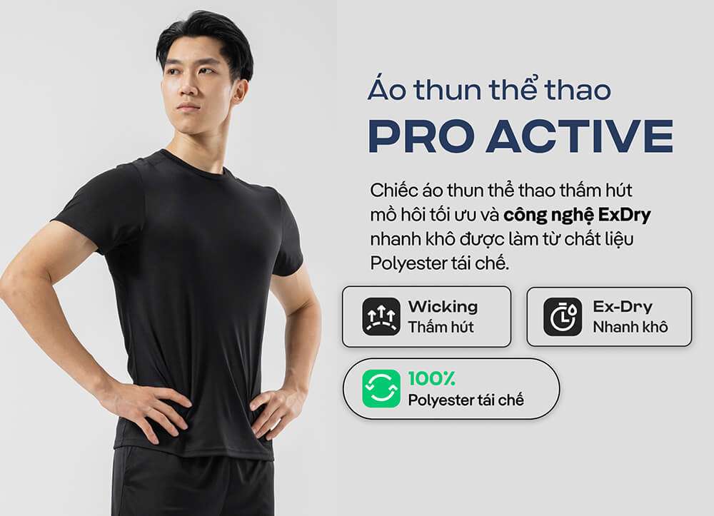 Áo thun thể thao Pro Active màu đen với các tính năng thấm hút Wicking, nhanh khô Ex-Dry và chất liệu 100% Polyester tái chế