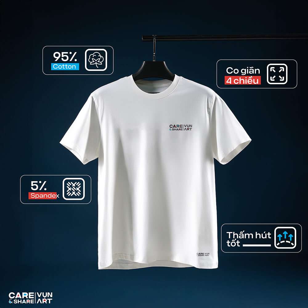 Áo thun Cotton Compact In Lụa VỤN ART Logo Trái V2 trắng với các đặc tính nổi bật: 95% Cotton, 5% Spandex, co giãn 4 chiều và thấm hút tốt