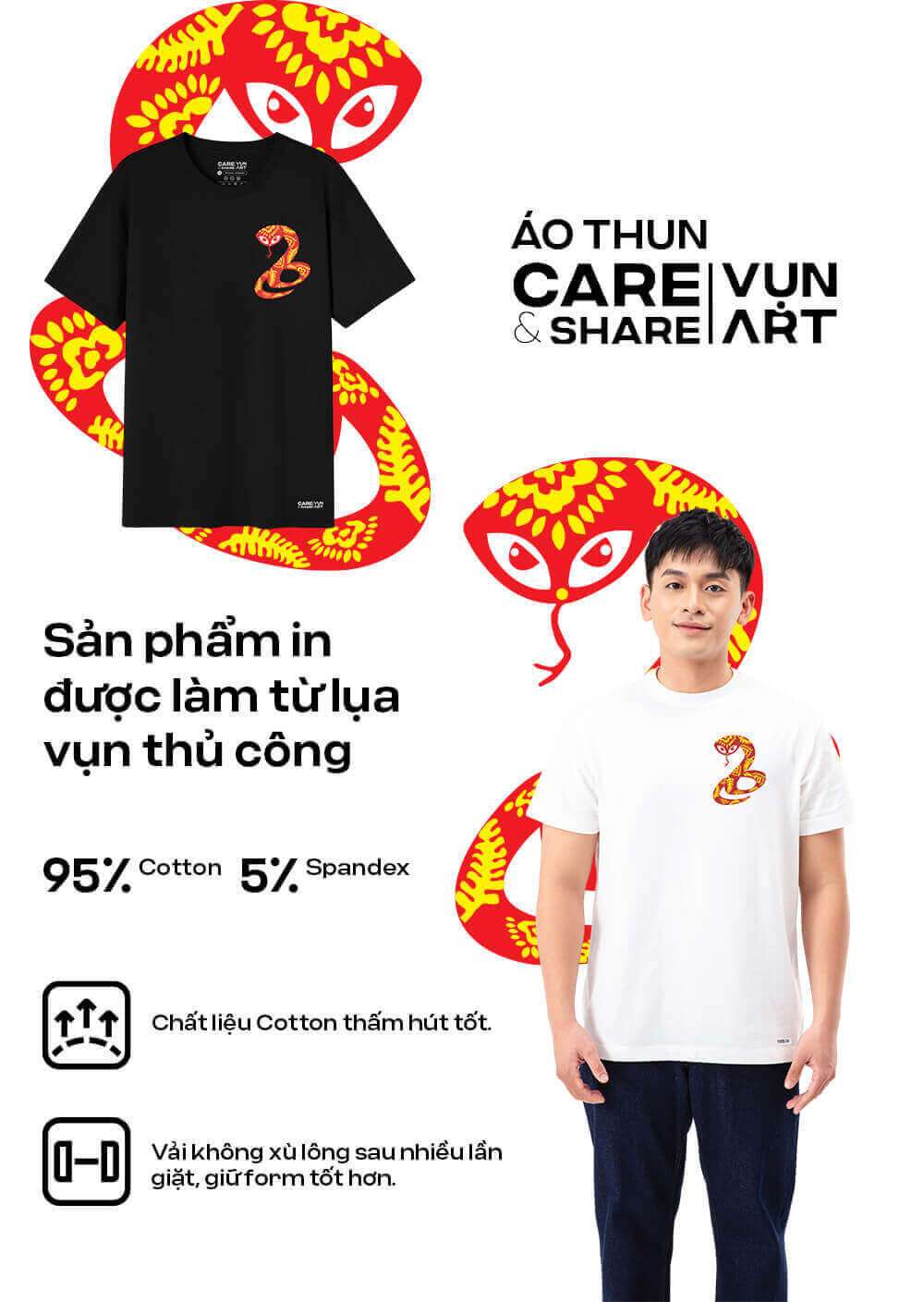 Áo Cotton Compact CARE SHARE In Lụa VỤN ART - TẾT RẮN RỎI 4 với hai màu đen trắng và họa tiết rắn in lụa thủ công