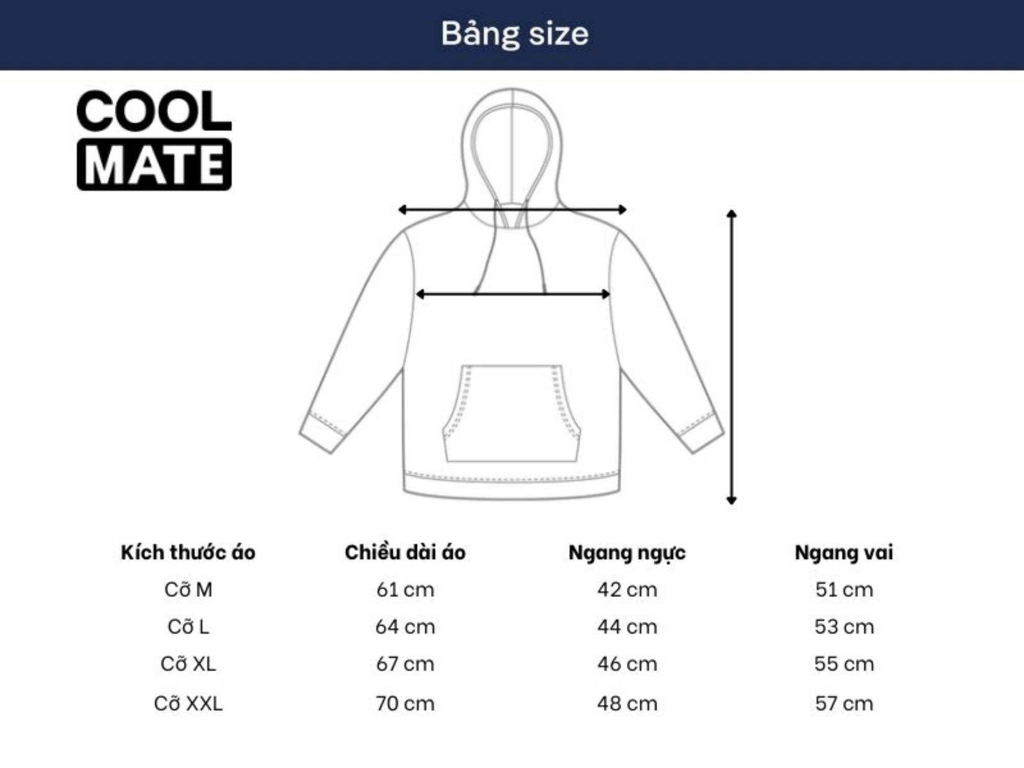 Bảng size áo hoodie nam Coolmate với hướng dẫn chi tiết về chiều dài áo, ngang ngực và ngang vai