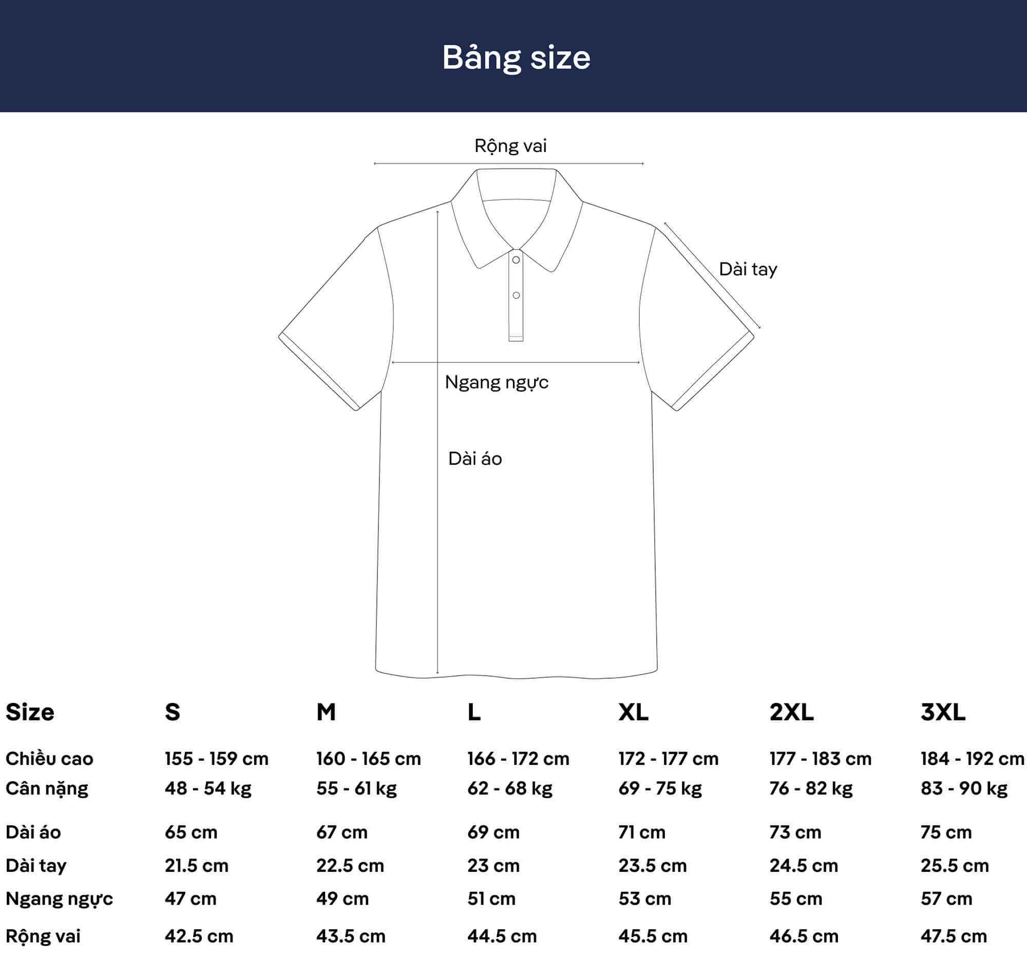 Bảng thông số size chi tiết của Áo Polo Nam Pique Cotton USA