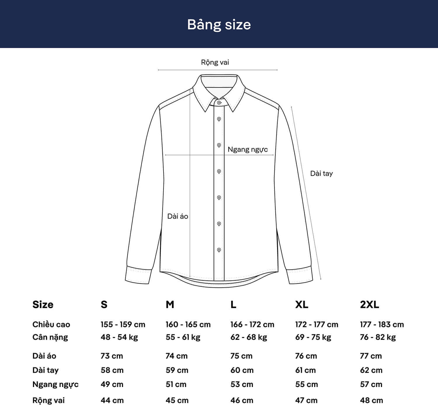 Bảng size chi tiết cho áo sơ mi dài tay Café-DriS từ S đến 2XL, bao gồm chiều cao, cân nặng và các số đo áo