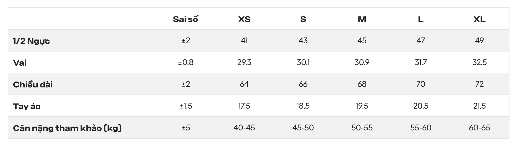 Bảng size chi tiết cho nữ của áo thun chạy bộ Việt Nam tiến bước