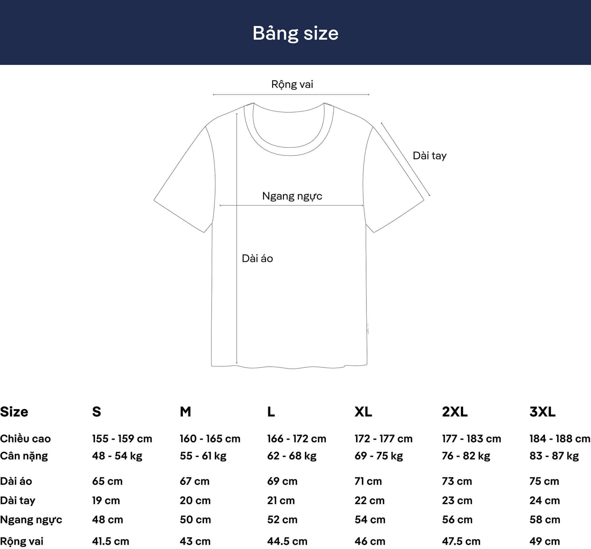 Bảng size chi tiết cho áo thun nam thể thao Coolmate Basics