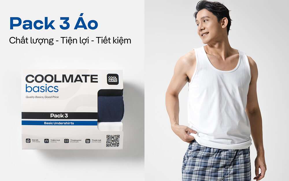 Bộ 3 áo ba lỗ Coolmate Basics được đóng gói tiện lợi