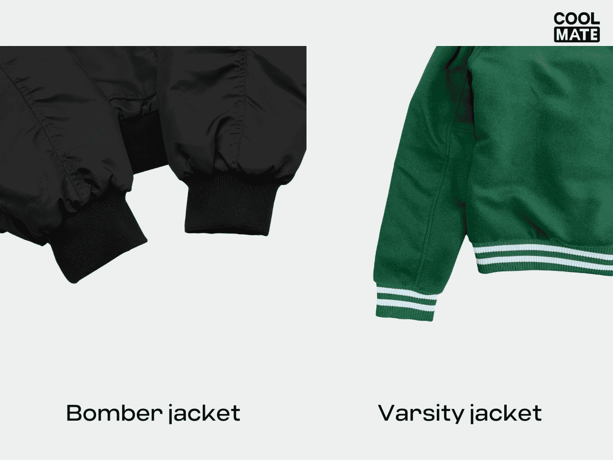 Khác biệt phần viền tay áo và gấu áo khoác bomber và varsity