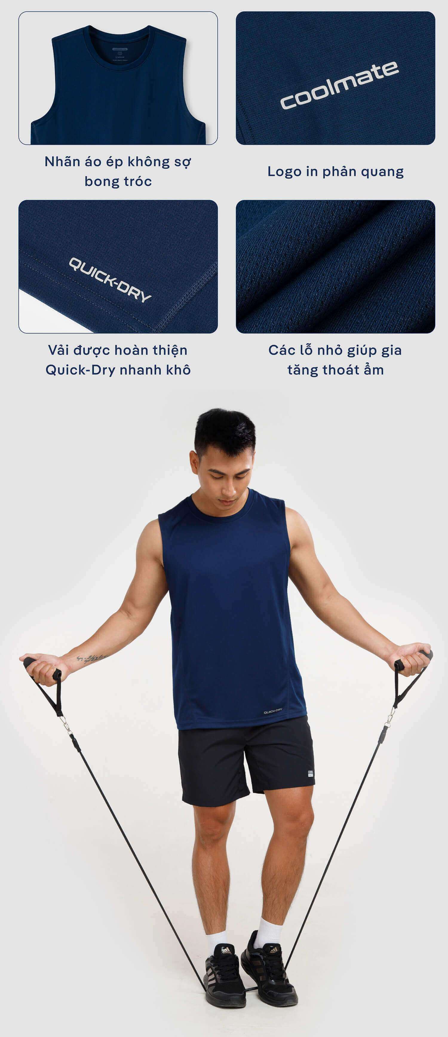 Tổng hợp các chi tiết nổi bật của áo: nhãn ép, logo phản quang, vải Quick-Dry và các lỗ thoát ẩm