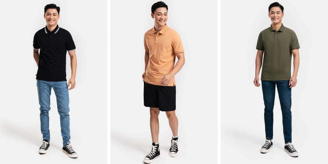 Ba người mẫu với ba phong cách phối đồ khác nhau cùng Áo Polo Nam Pique Cotton USA