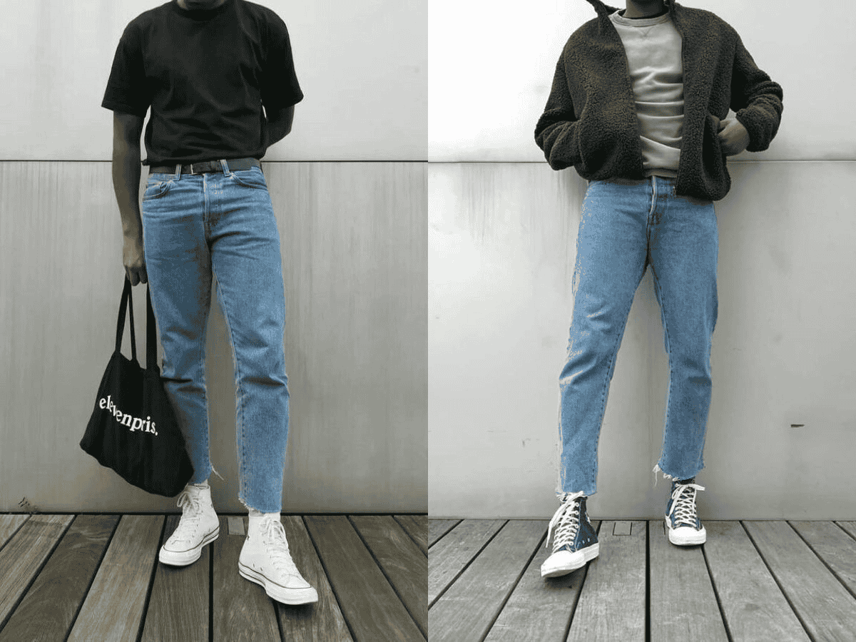 Phối quần jeans và giày sneaker cổ cao