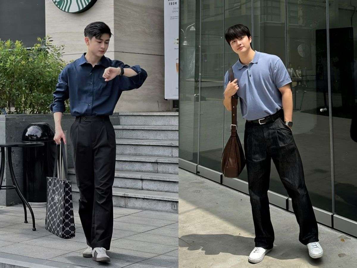 Quần tây tối màu và giày trắng