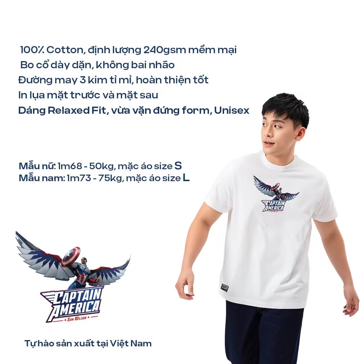 Chi tiết chất liệu và form dáng áo thun Captain America