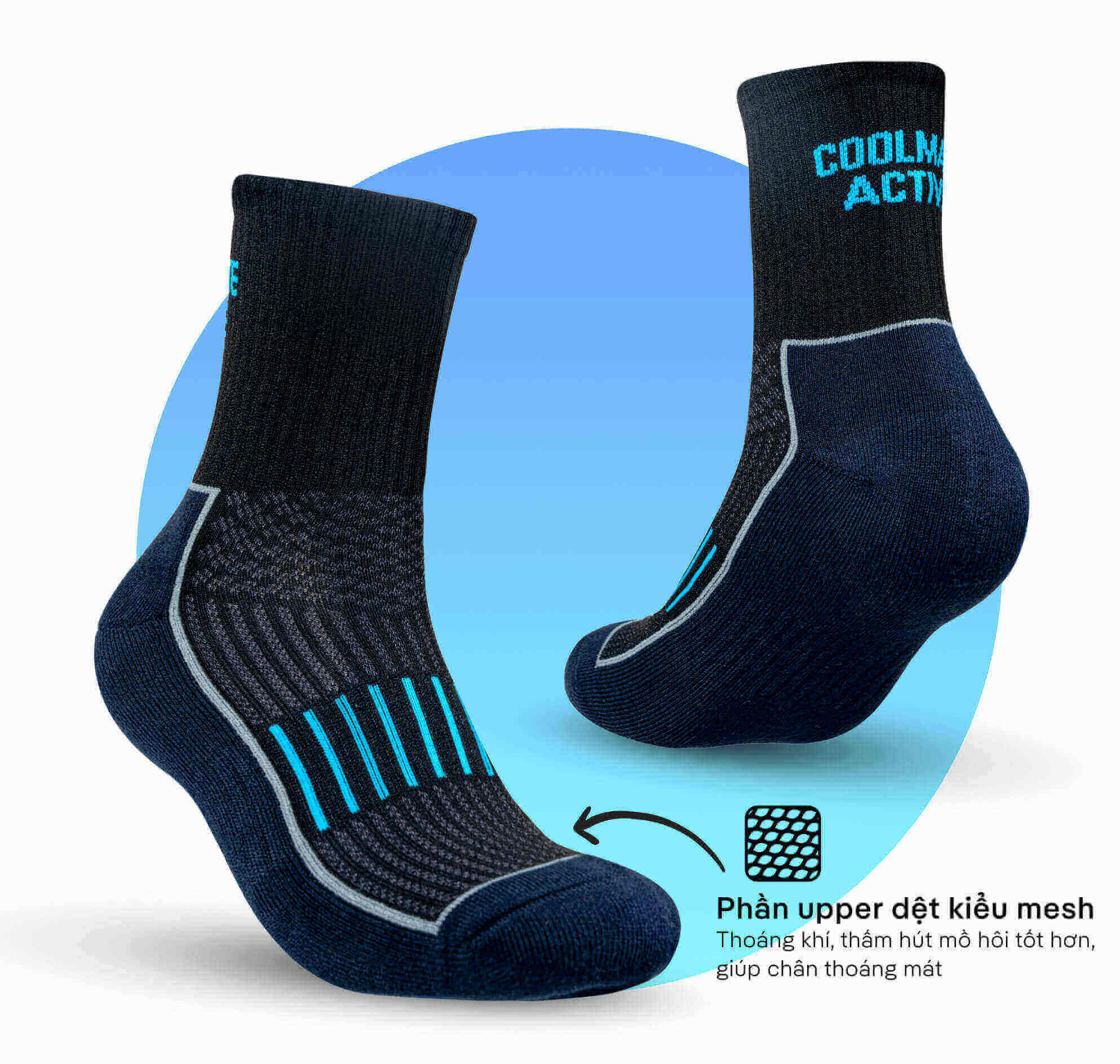 Cận cảnh cấu trúc dệt mesh trên mu bàn chân của tất chạy bộ Active giúp thoáng khí