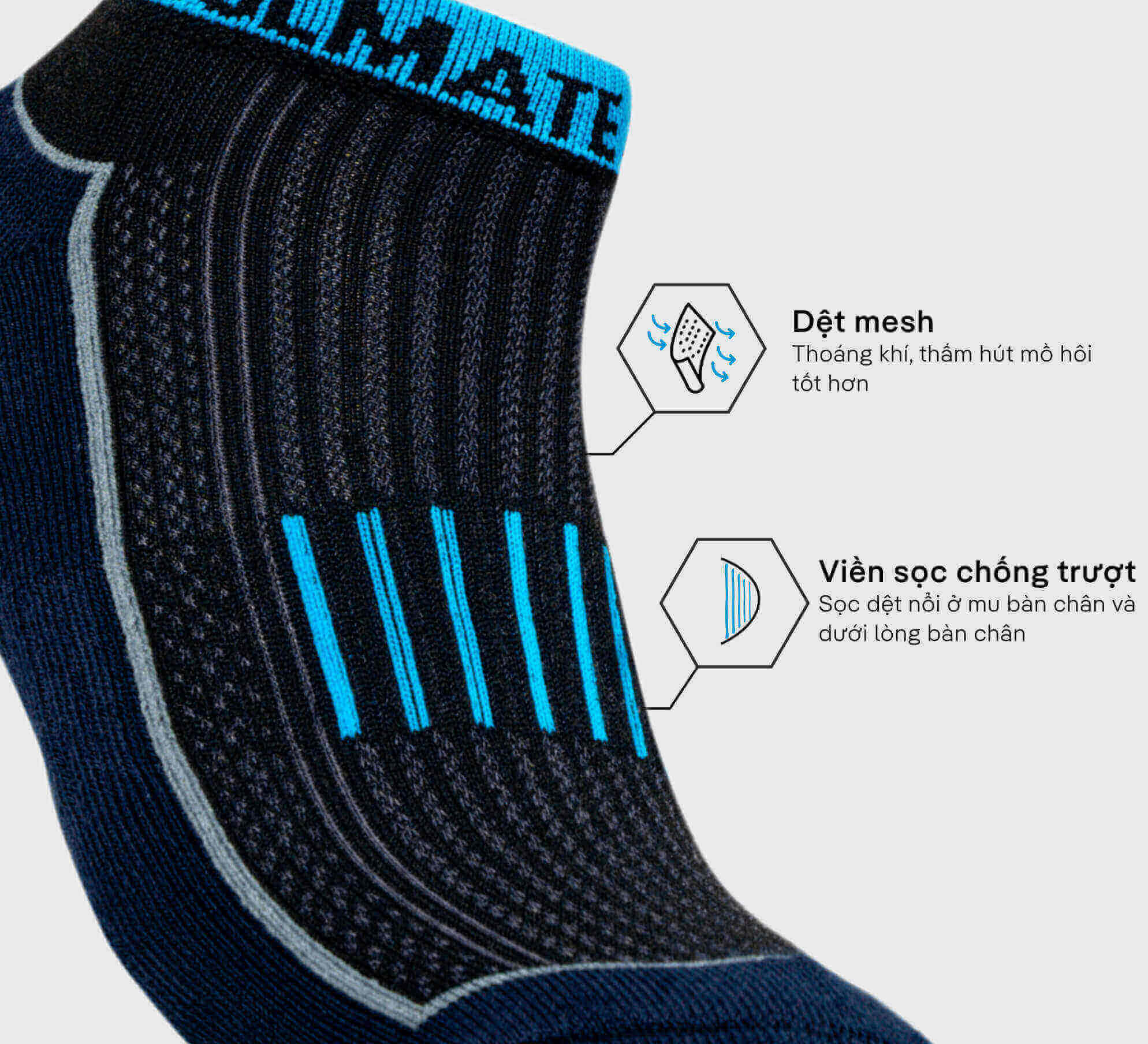 Cận cảnh cấu trúc dệt mesh thoáng khí và viền sọc chống trượt trên mu bàn chân