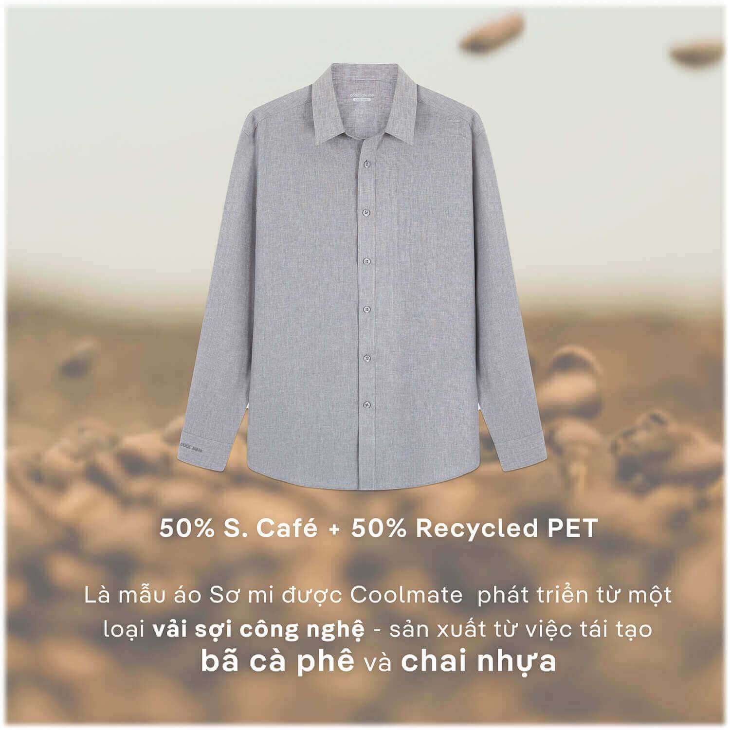 Hình ảnh áo sơ mi Café-DriS xám và thông tin chất liệu 50% S.Café từ bã cà phê và 50% Recycled PET từ chai nhựa