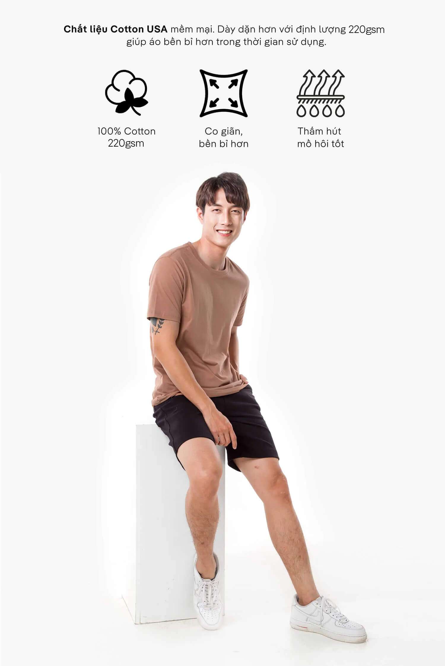 Cận cảnh chất liệu Cotton USA mềm mại và các icon tính năng của áo thun