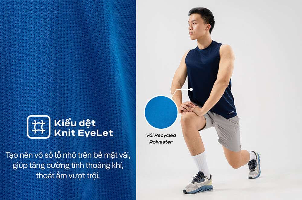 Cận cảnh chất liệu Recycled Polyester với kiểu dệt Knit Eyelet của áo tanktop Active Essentials
