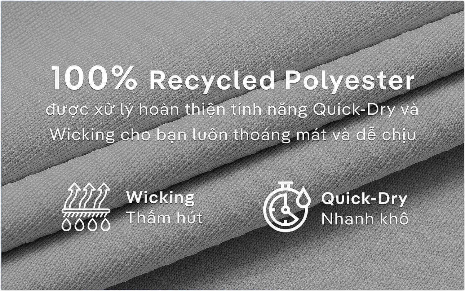 Chi tiết chất liệu 100% Recycled Polyester với tính năng Wicking và Quick-Dry