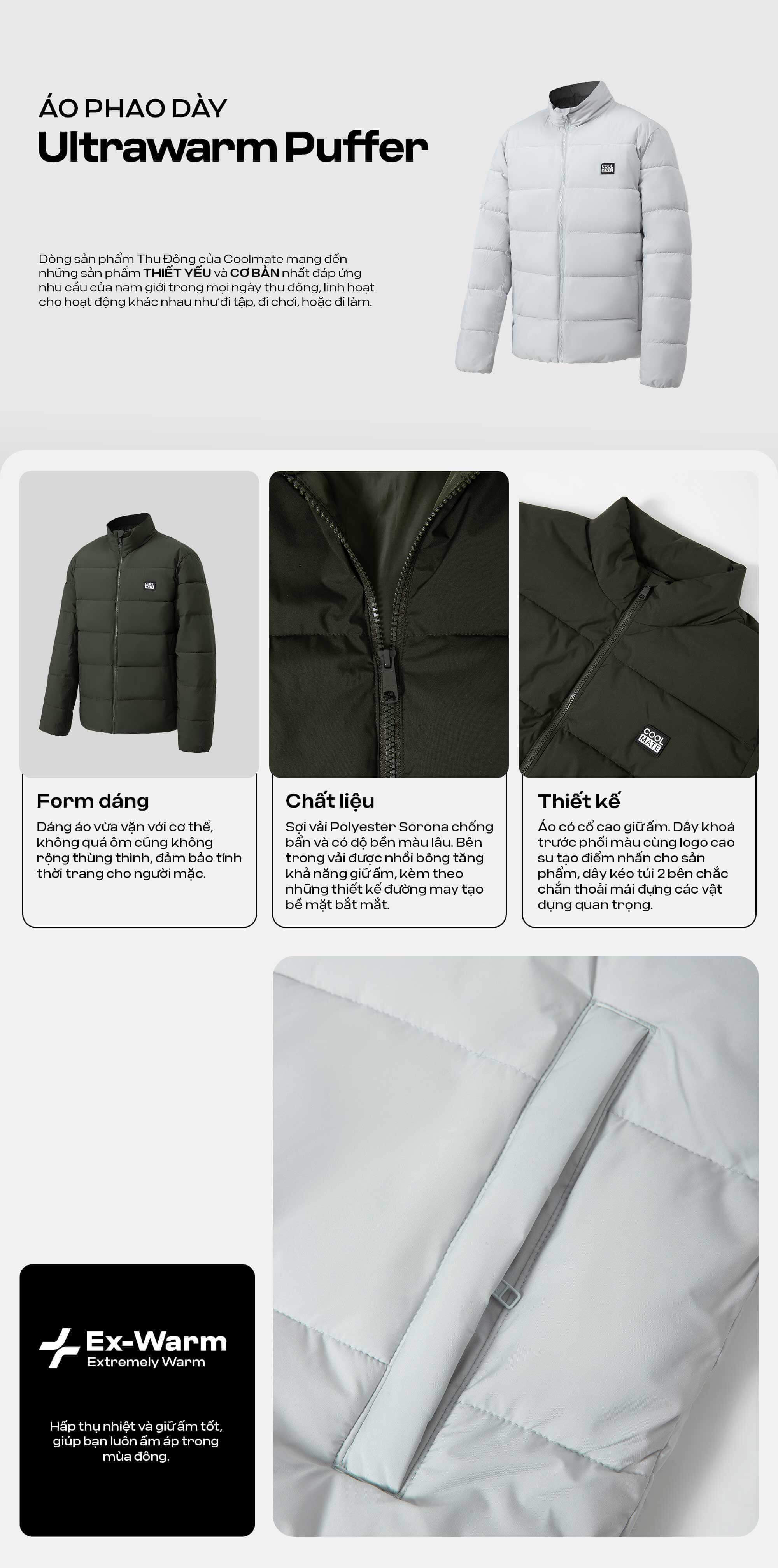 Chi tiết form dáng, chất liệu và thiết kế của áo phao dày Ultrawarm Puffer Coolmate