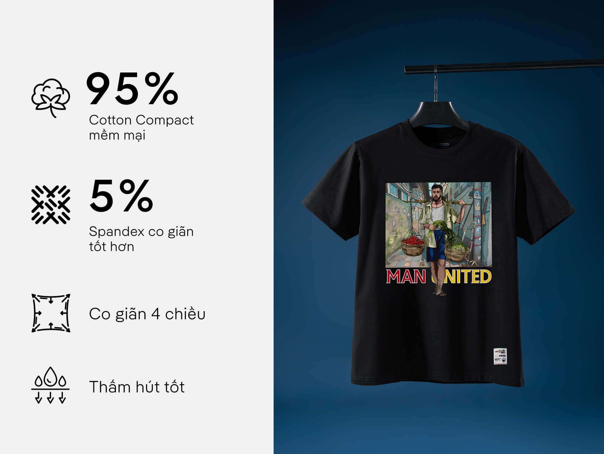 Chi tiết áo thun nam Viet Devils Manchester United màu đen, chất liệu Cotton Compact
