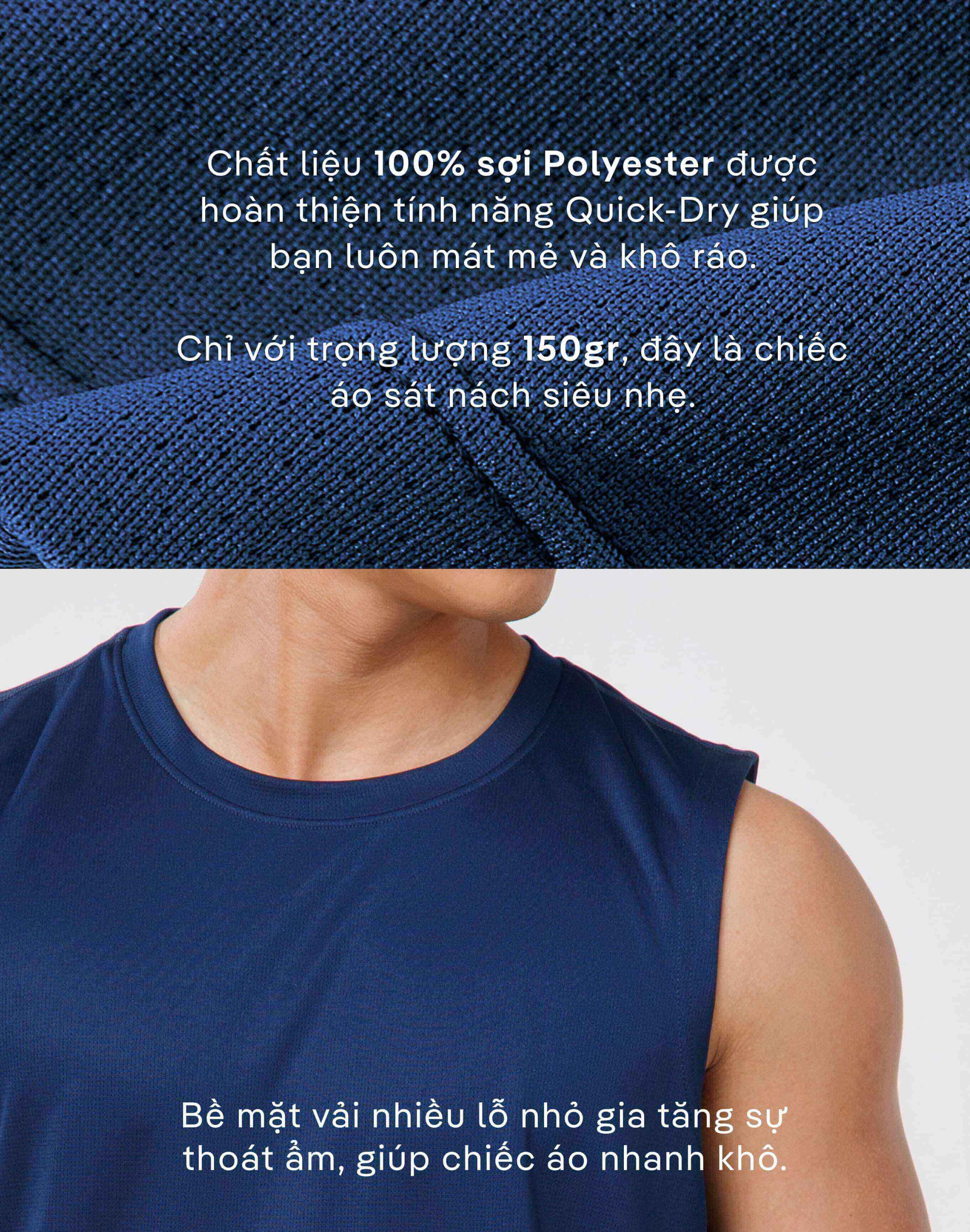 Chi tiết chất liệu 100% Polyester Quick-Dry, trọng lượng 150gr và bề mặt vải lỗ nhỏ của áo sát nách Dri-Breathe