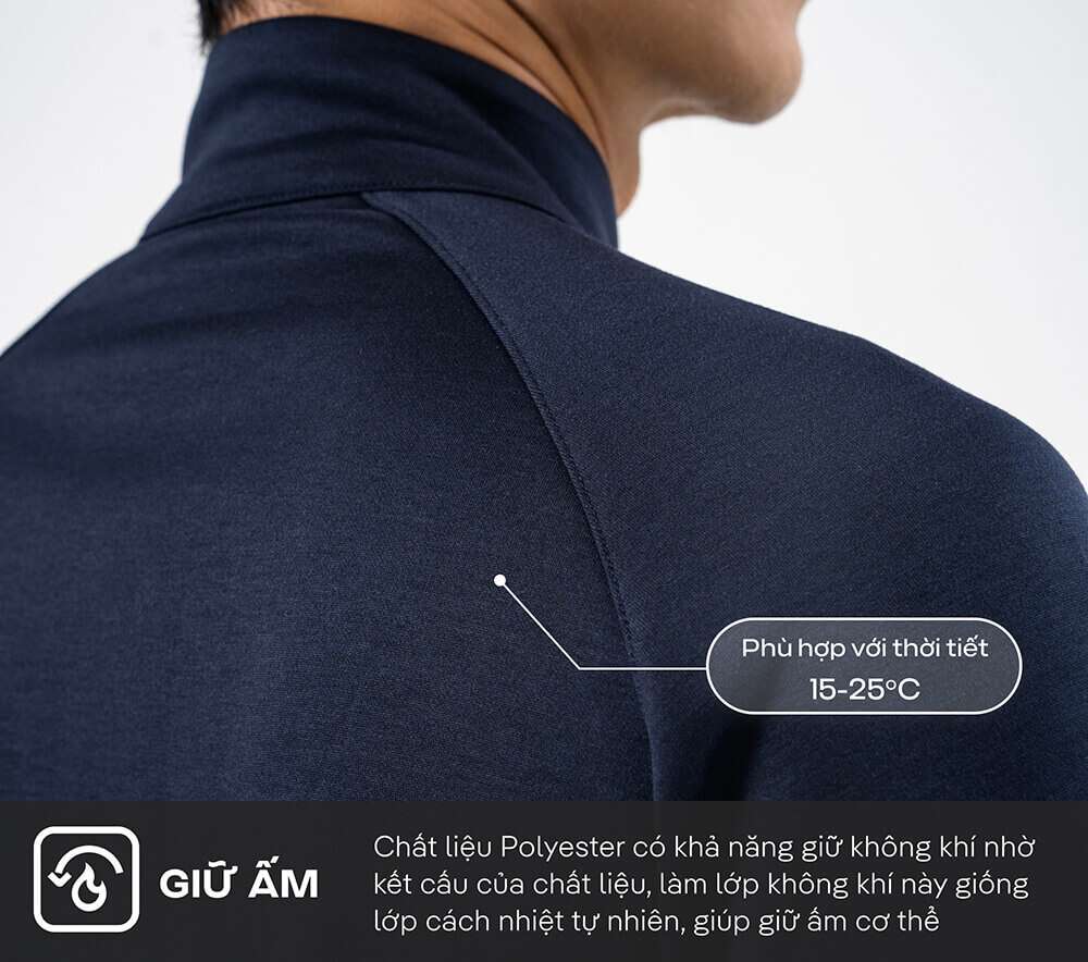 Chi tiết chất liệu Polyester của áo khoác Pro Active có khả năng giữ ấm cơ thể trong thời tiết 15-25 độ C
