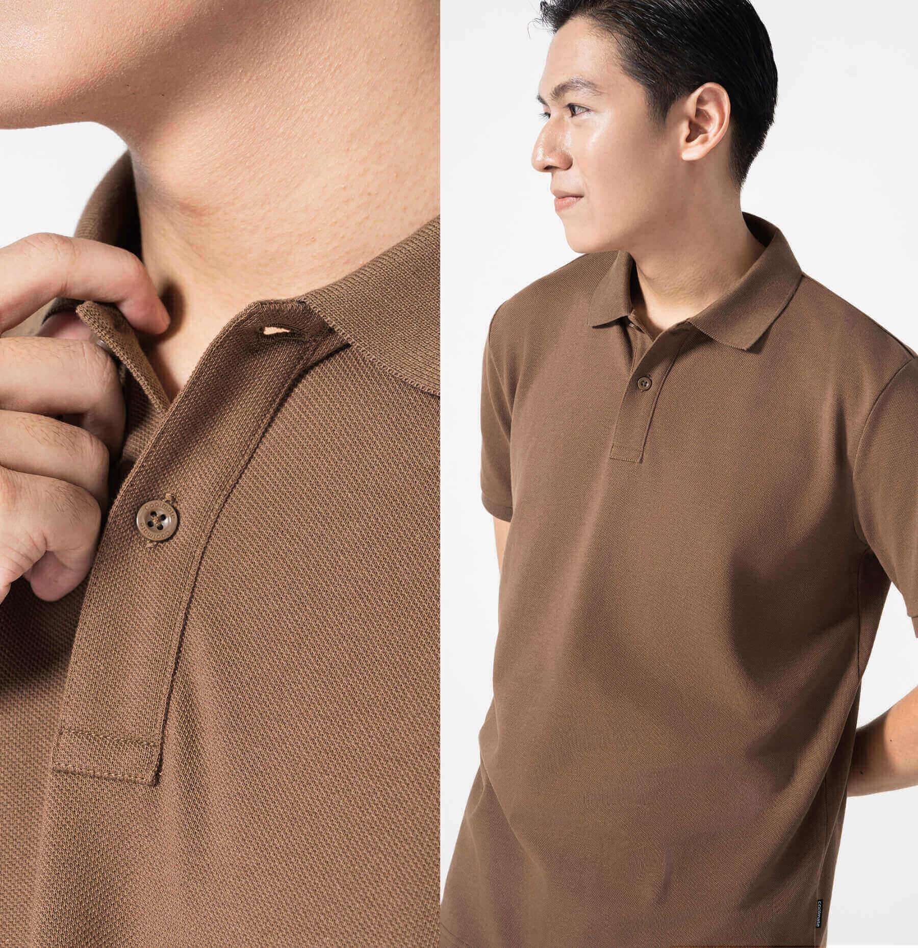 Chi tiết cổ áo polo nam Pique Cotton màu nâu