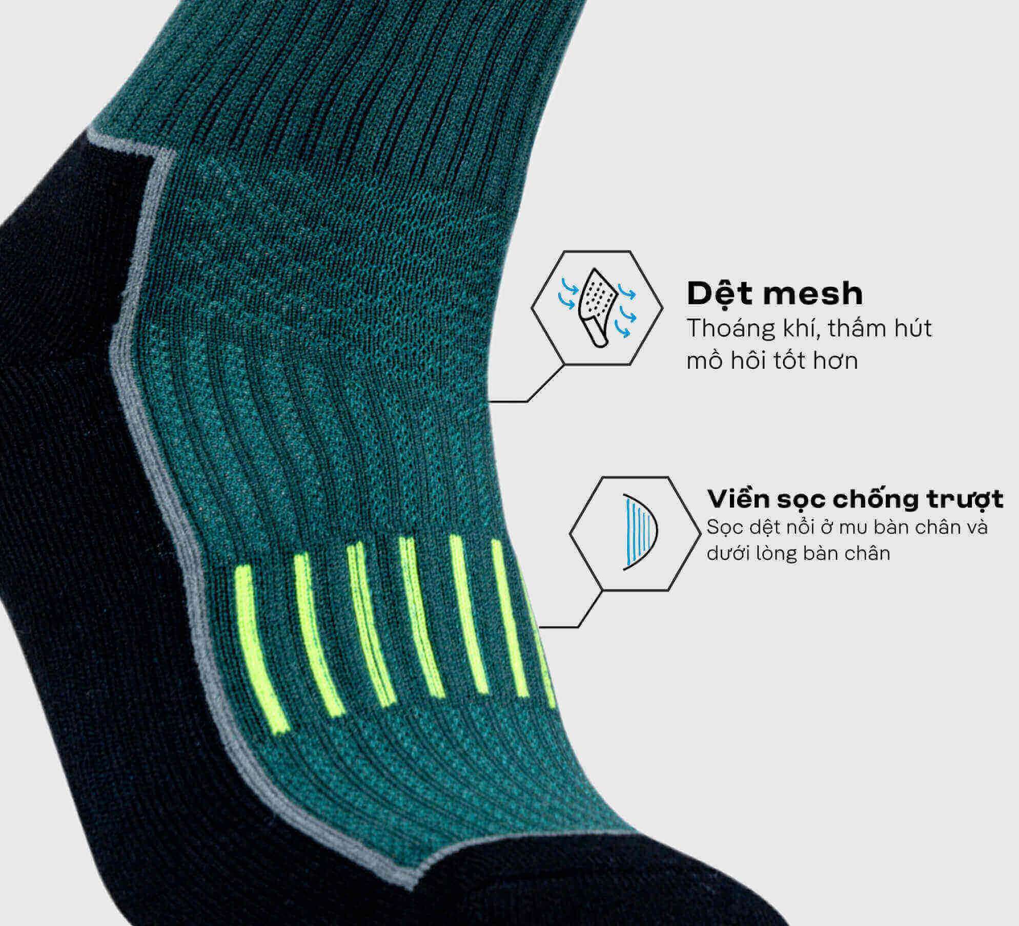 Chi tiết công nghệ dệt mesh và viền sọc chống trượt của tất chạy bộ Active màu xanh rêu