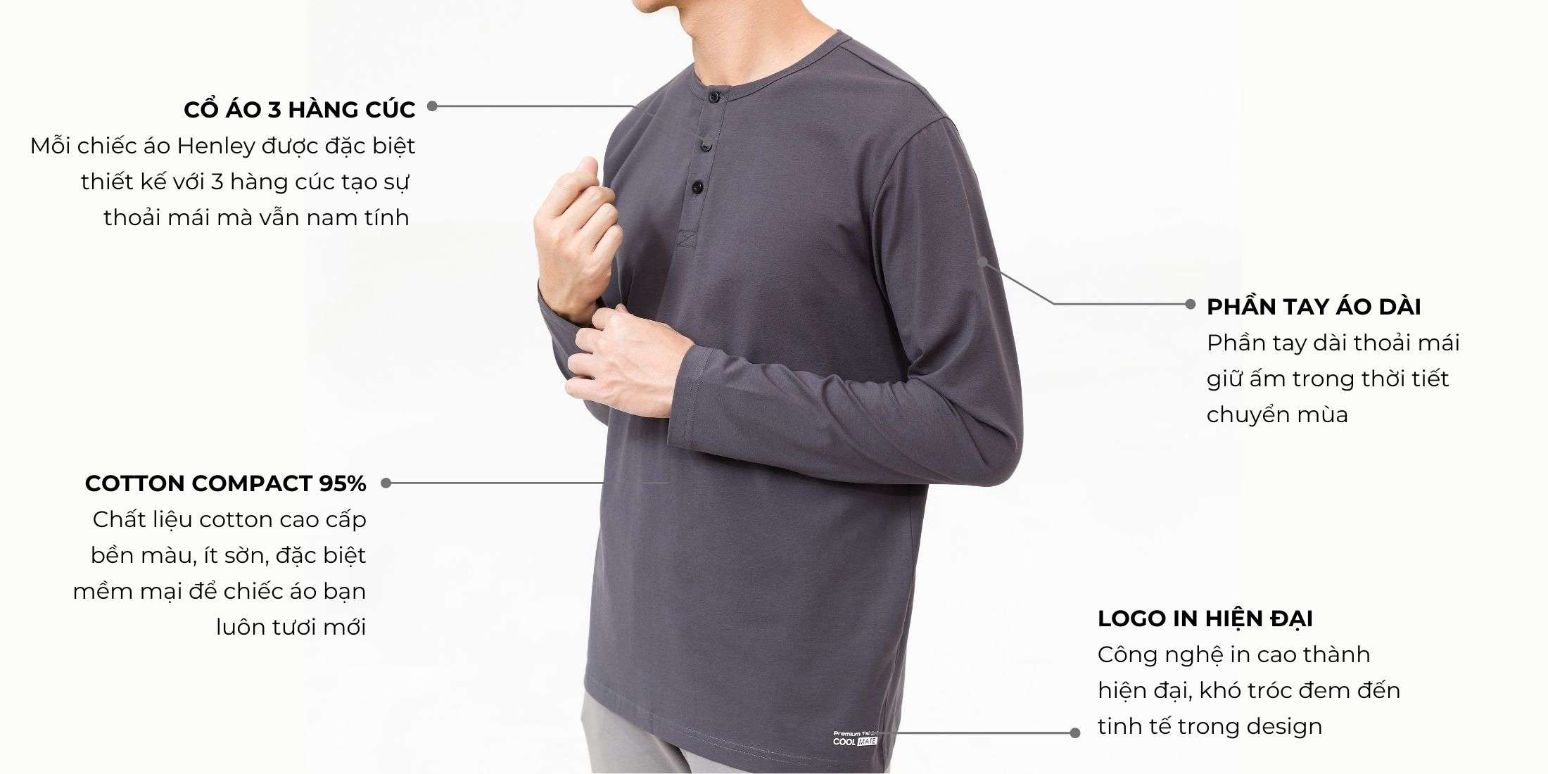 Chi tiết đặc điểm nổi bật của áo thun Henley: cổ 3 cúc, tay dài, chất liệu cotton compact