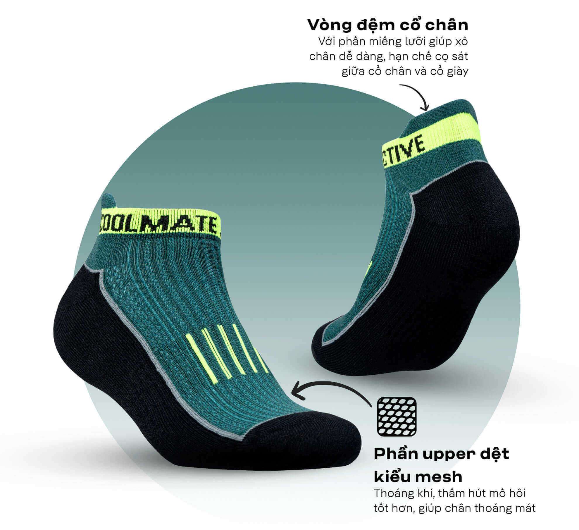 Chi tiết vòng đệm cổ chân và phần upper dệt lưới của tất chạy bộ Coolmate