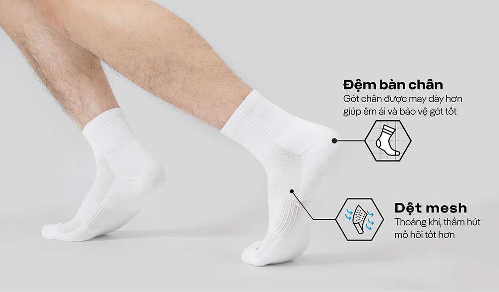 Chi tiết đệm bàn chân và dệt mesh của tất thể thao