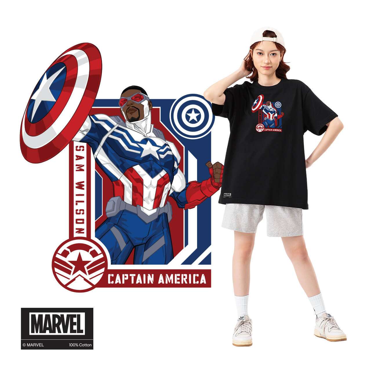 Chi tiết hình in Sam Wilson Captain America trên áo thun 84RISING Marvel