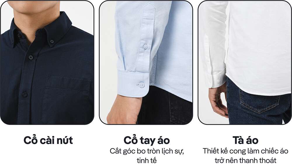 Chi tiết thiết kế cổ cài nút, cổ tay và tà áo của sơ mi essentials