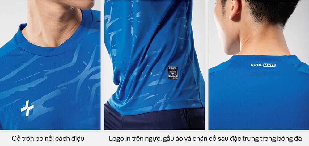 Ba hình ảnh chi tiết về cổ áo tròn, logo bên hông và logo Coolmate sau gáy của áo bóng đá cổ tròn CFA24