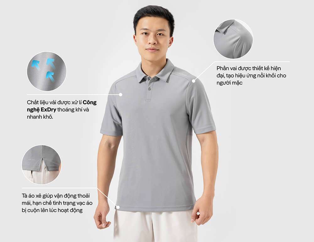 Chi tiết thiết kế vai và tà áo xẻ của áo polo thể thao Active Premium