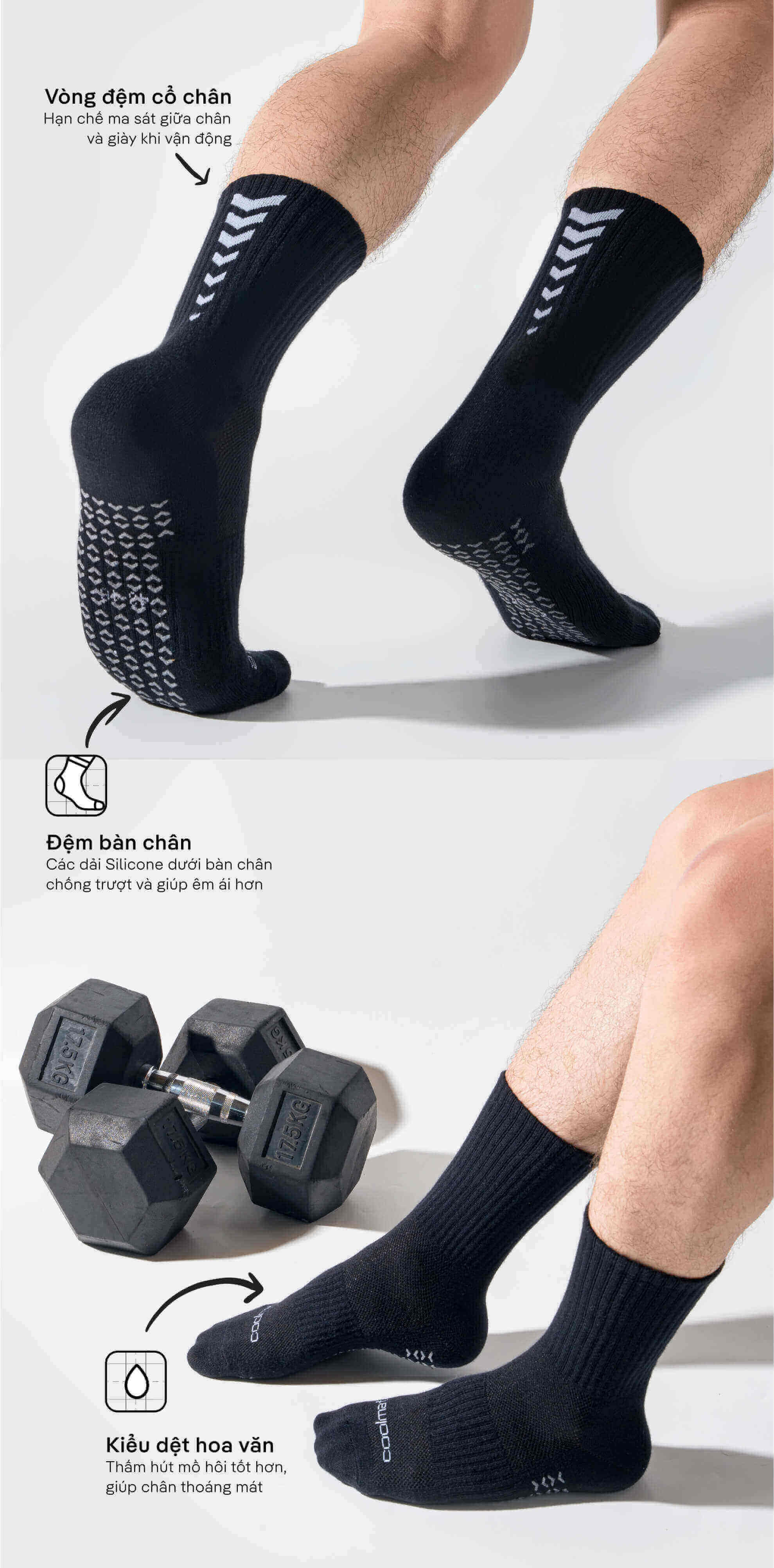 Chi tiết các tính năng của tất thể thao nam cổ dài Coolmate như đệm silicone chống trượt, vòng đệm cổ chân và kiểu dệt thoáng khí