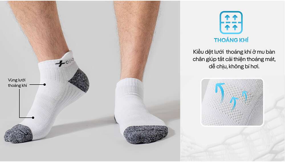 Chi tiết vùng lưới thoáng khí trên mu bàn chân của tất thể thao Coolmate