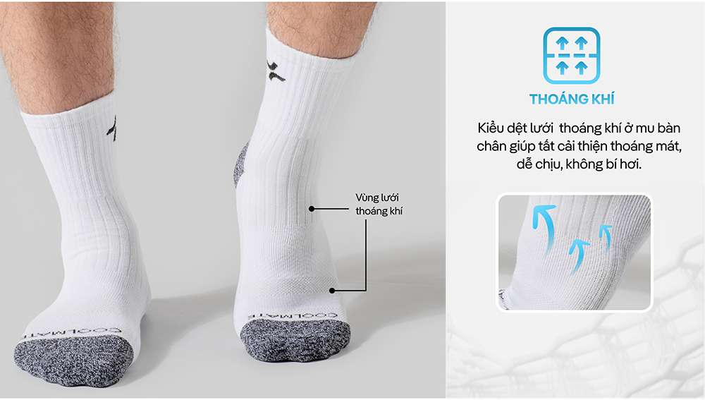 Chi tiết vùng lưới thoáng khí trên mu bàn chân của tất thể thao seamless