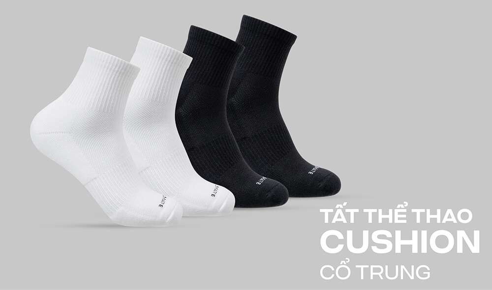Combo 2 Tất Thể Thao Cổ Trung Cushion màu trắng và đen