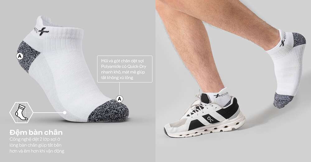 Công nghệ đệm bàn chân và chất liệu Polyamide chống xù lông của tất thể thao seamless