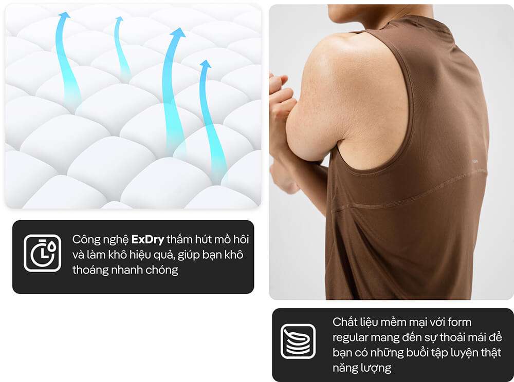 Công nghệ ExDry thấm hút mồ hôi và chất liệu mềm mại của áo tanktop