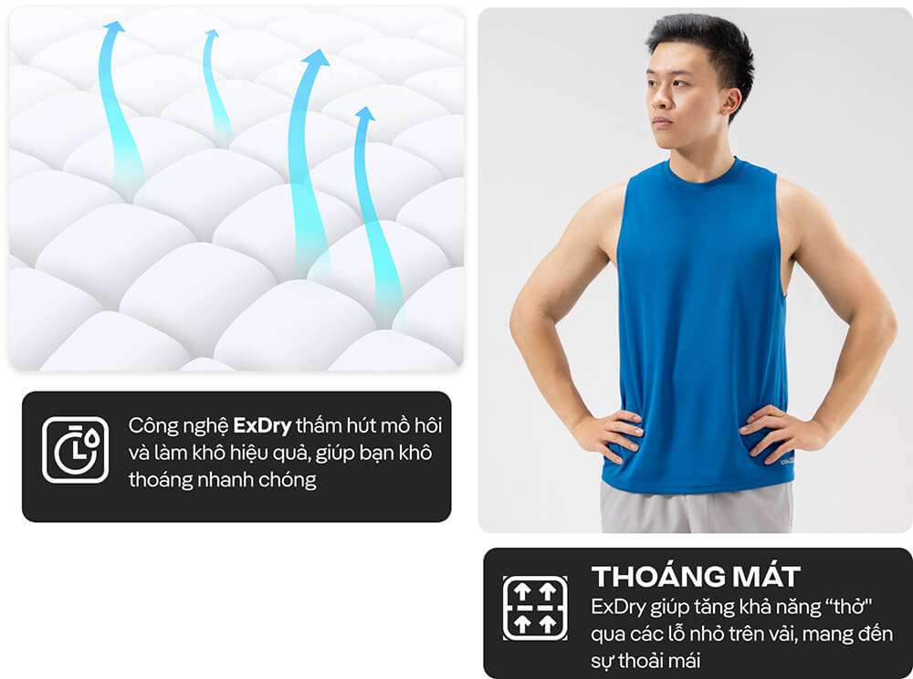 Công nghệ ExDry trên áo tanktop Active Essentials giúp thấm hút mồ hôi và thoáng mát vượt trội