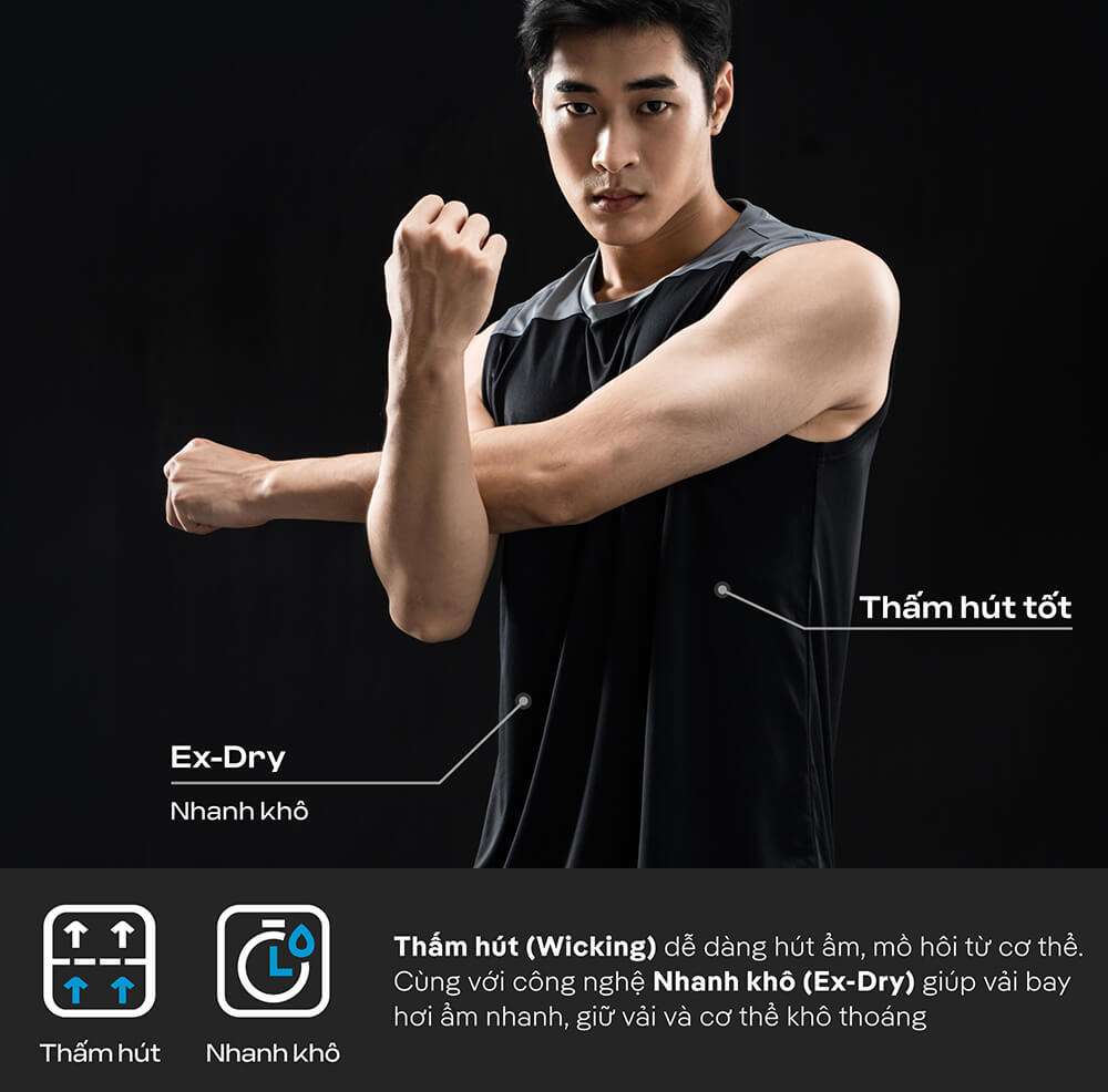Công nghệ thấm hút Wicking và nhanh khô Ex-Dry trên áo tanktop Active