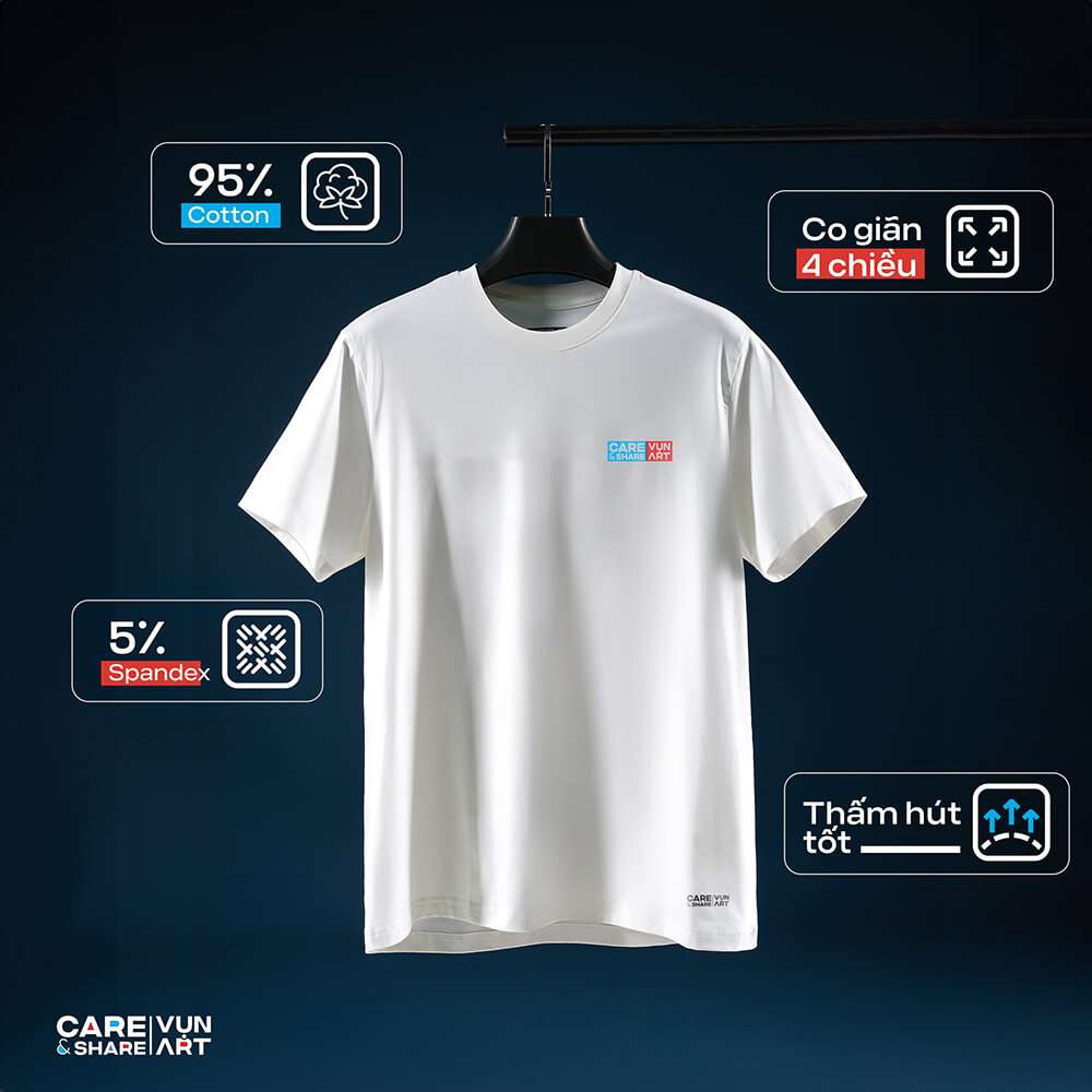 Áo thun trắng Care & Share Vụn Art với các thông tin nổi bật: 95% Cotton, 5% Spandex, Co giãn 4 chiều, Thấm hút tốt
