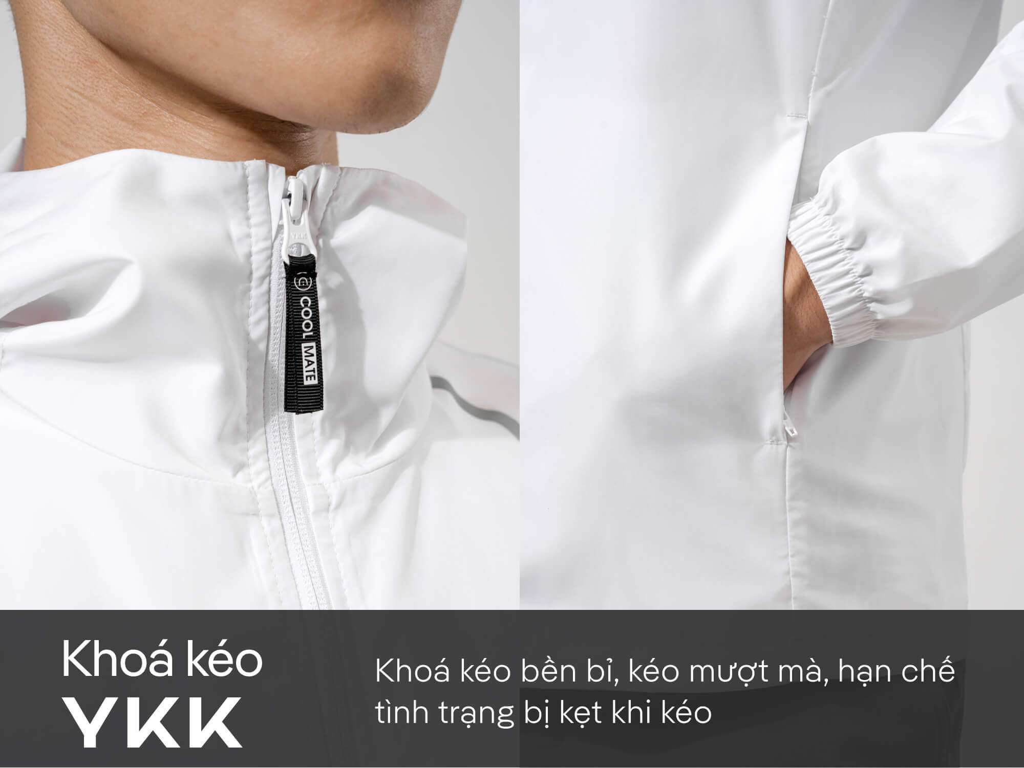 Khóa kéo YKK bền bỉ và túi áo bên hông tiện lợi
