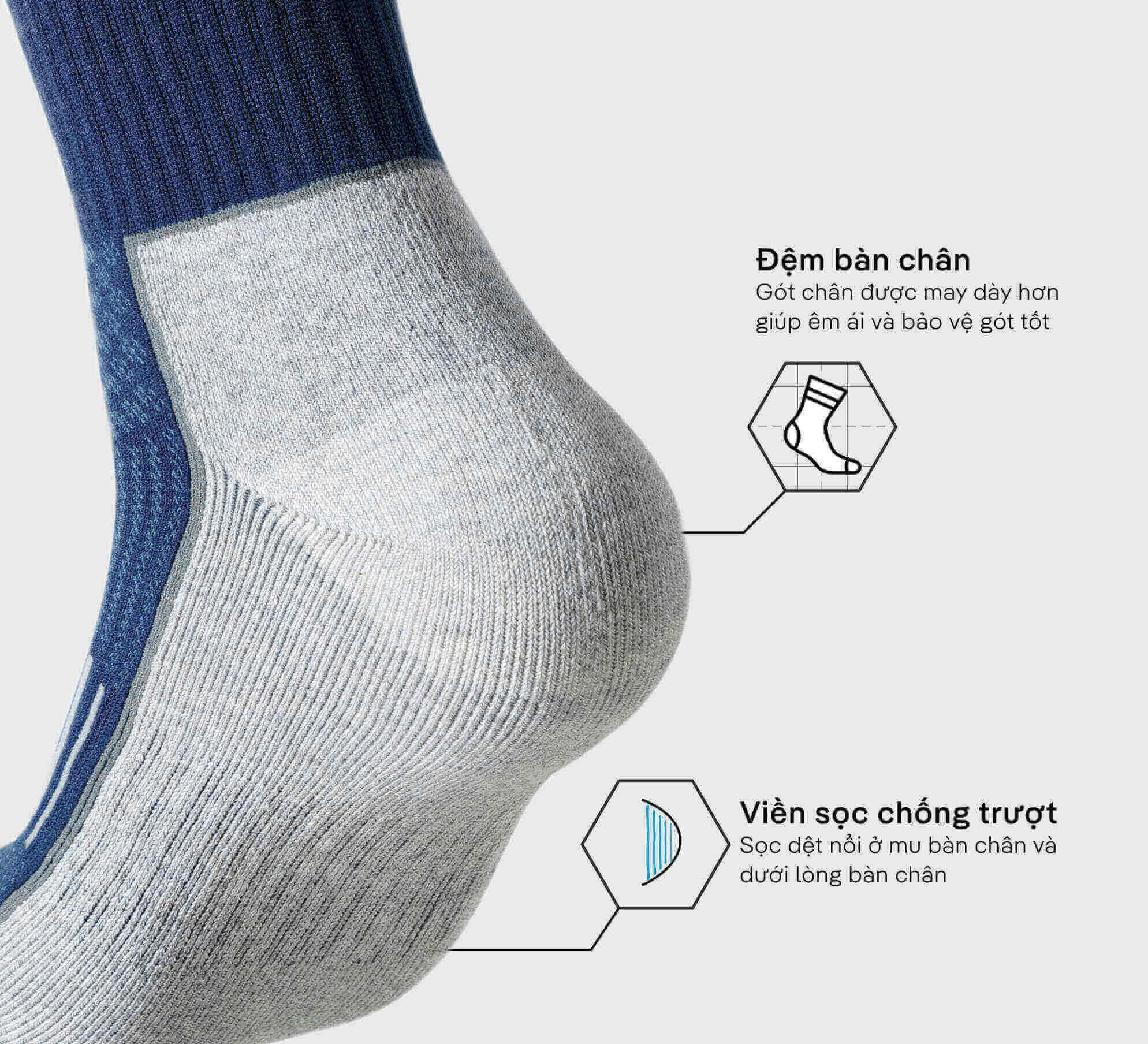 Lớp đệm gót chân dày dặn và viền sọc chống trượt trên tất chạy bộ Active màu xanh navy