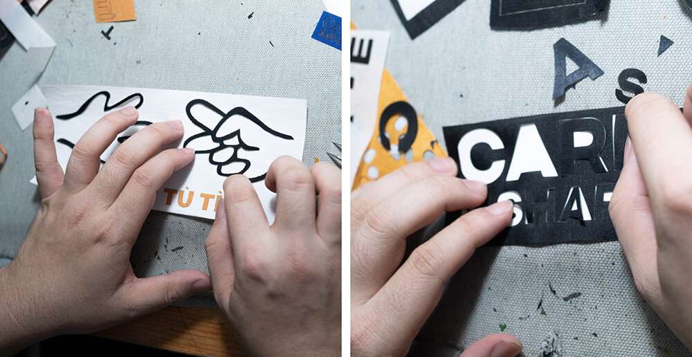 Đôi tay của nghệ nhân đang tỉ mỉ sắp xếp các chi tiết của hình in Oẳn tù tì và logo Care & Share Vụn Art