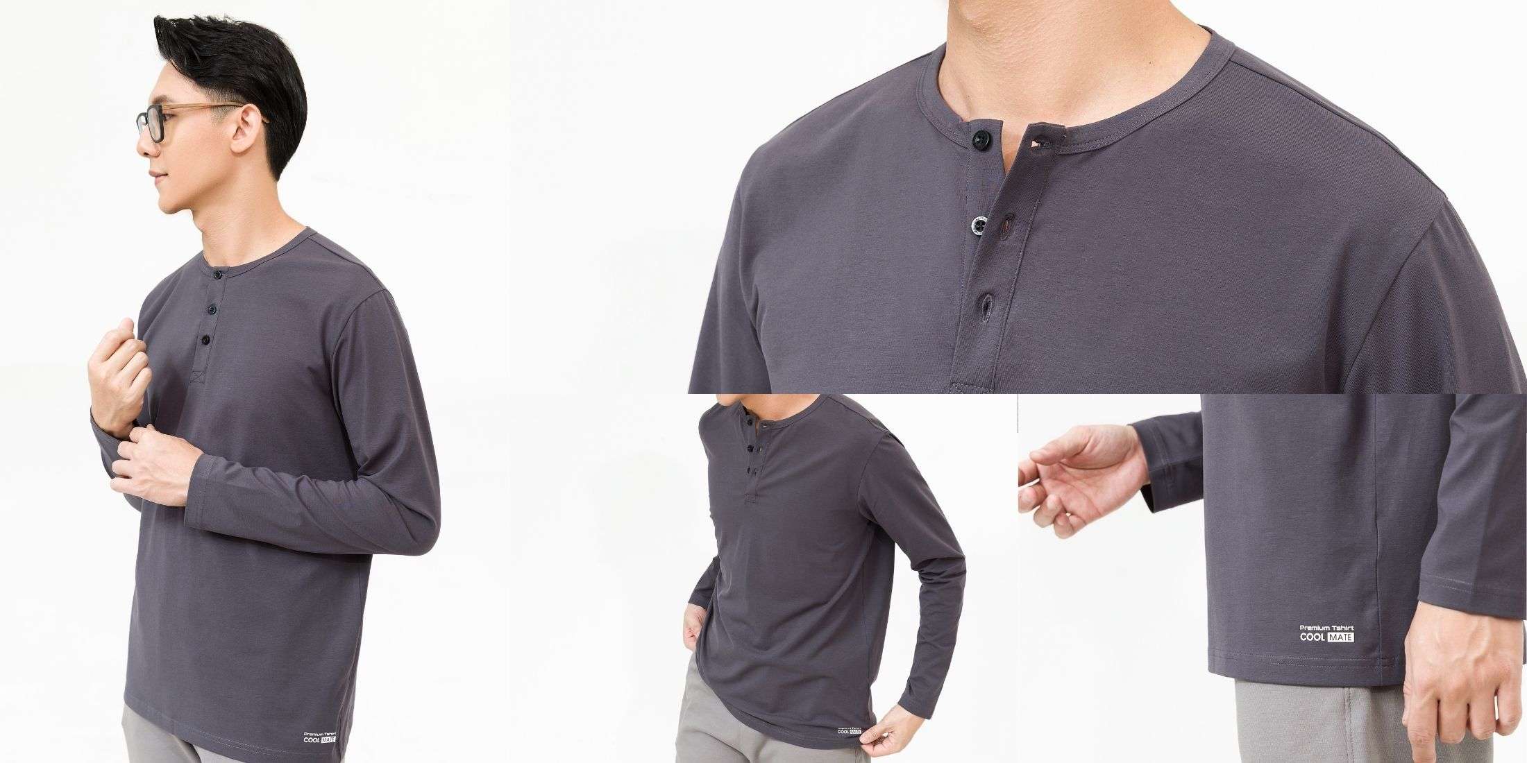 Người mẫu mặc áo thun Henley dài tay Coolmate nhiều góc chụp