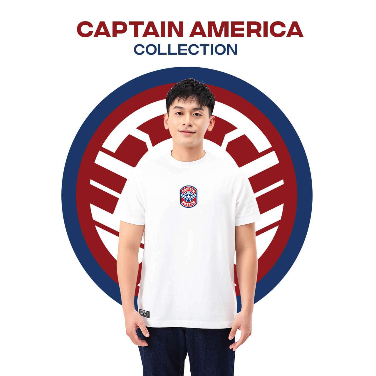 Người mẫu nam mặc áo thun Captain America màu trắng
