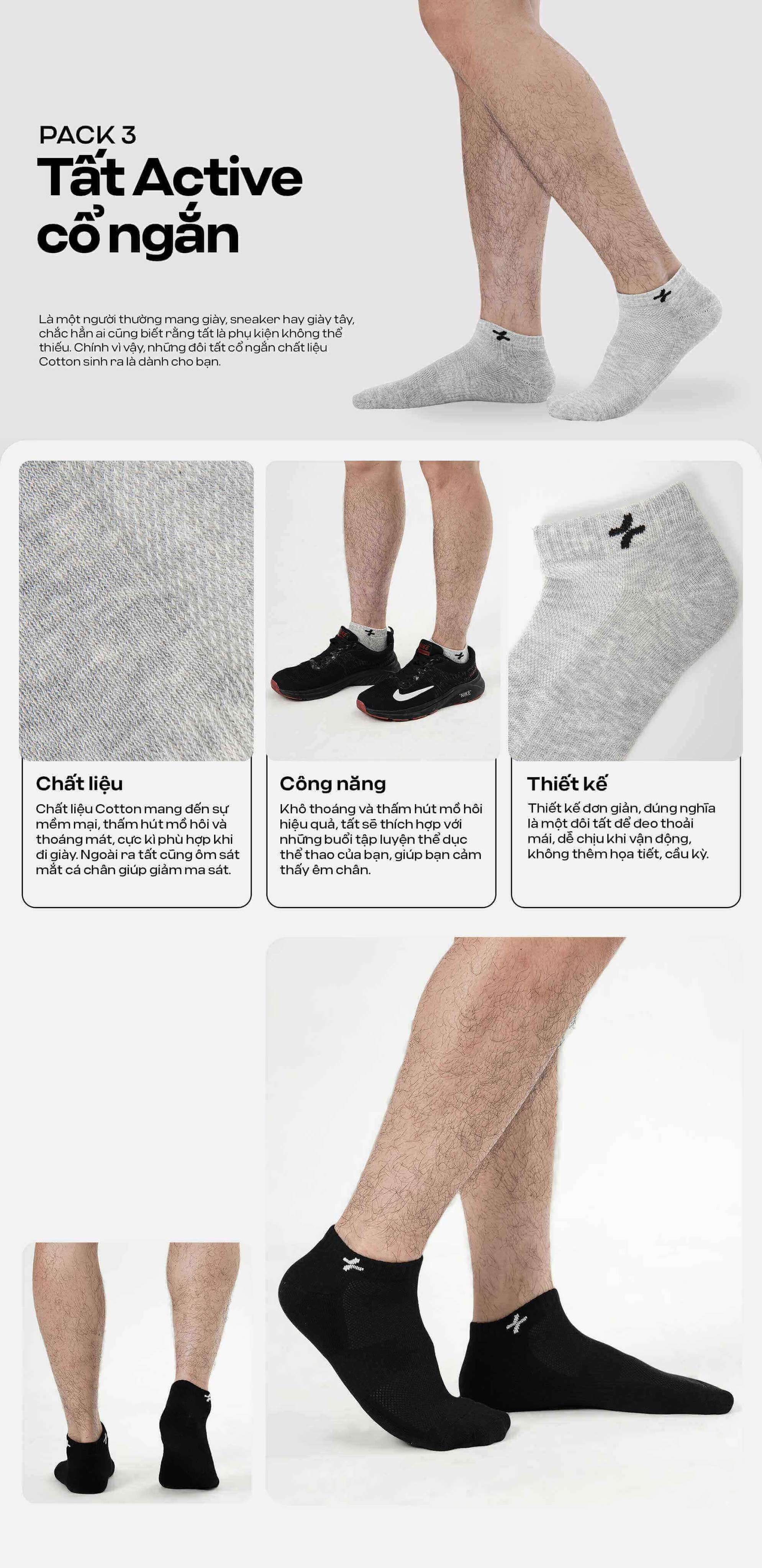 Pack 3 Tất Active cổ ngắn Coolmate với hai màu đen và xám, chất liệu cotton thoáng khí
