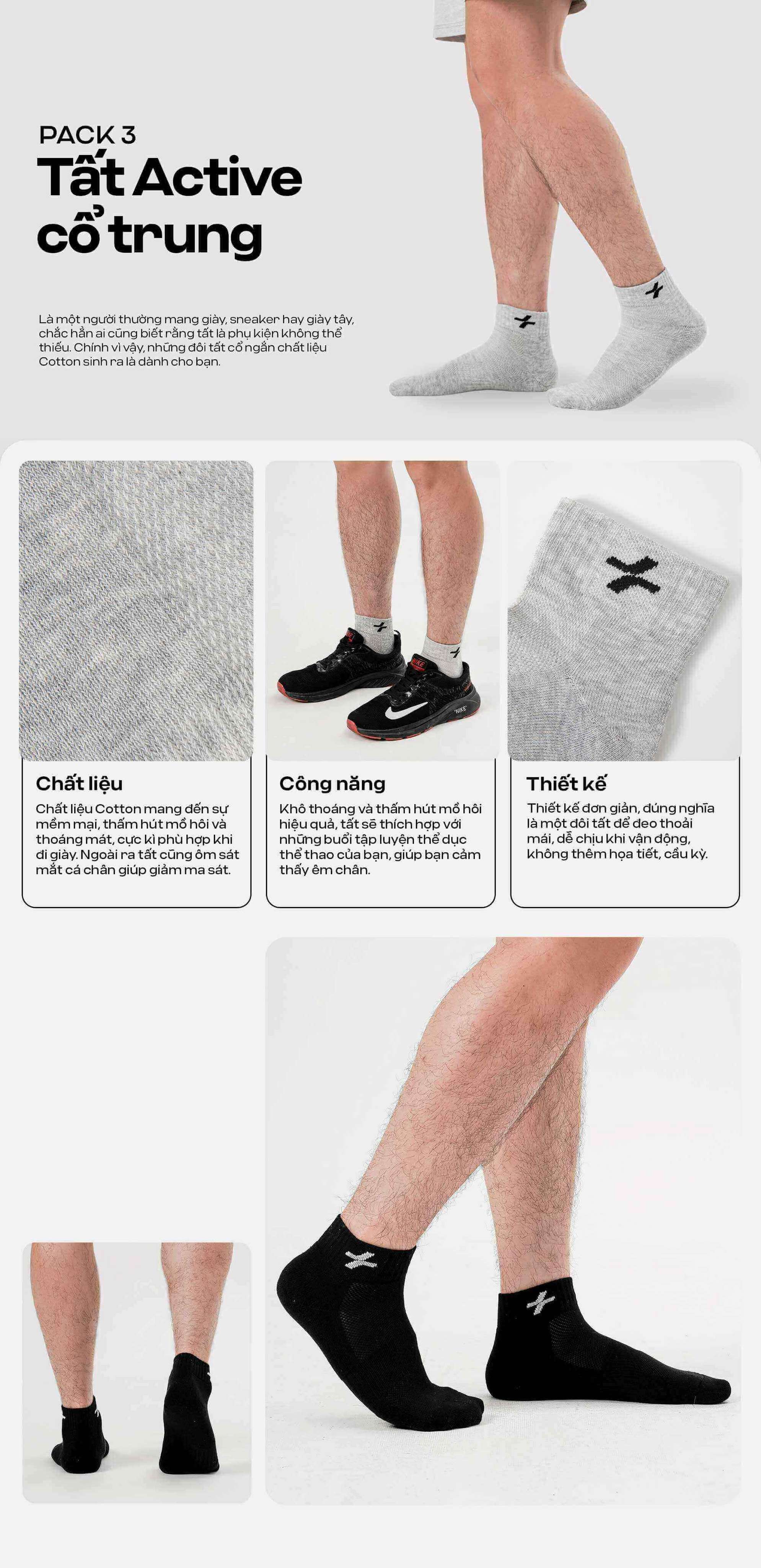 Pack 3 đôi tất active cổ trung Coolmate màu xám và đen, cận cảnh chất liệu và khi mang trên chân